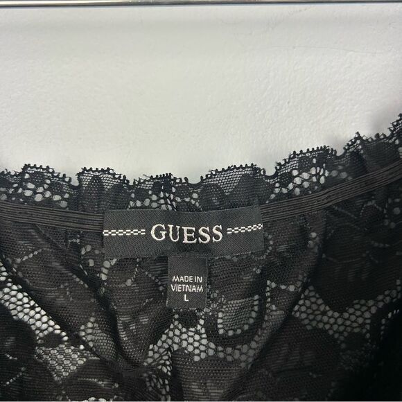 GUESS Kristy Off-The-Shoulder Lace Top Black Sheer 3/4 Sleeves Sz L - Picture 3 of 12